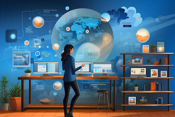 A girl downloads folders and transfers backup copies of files to digital database services, the concept of future business and technology with the connection of a world map on social networks.