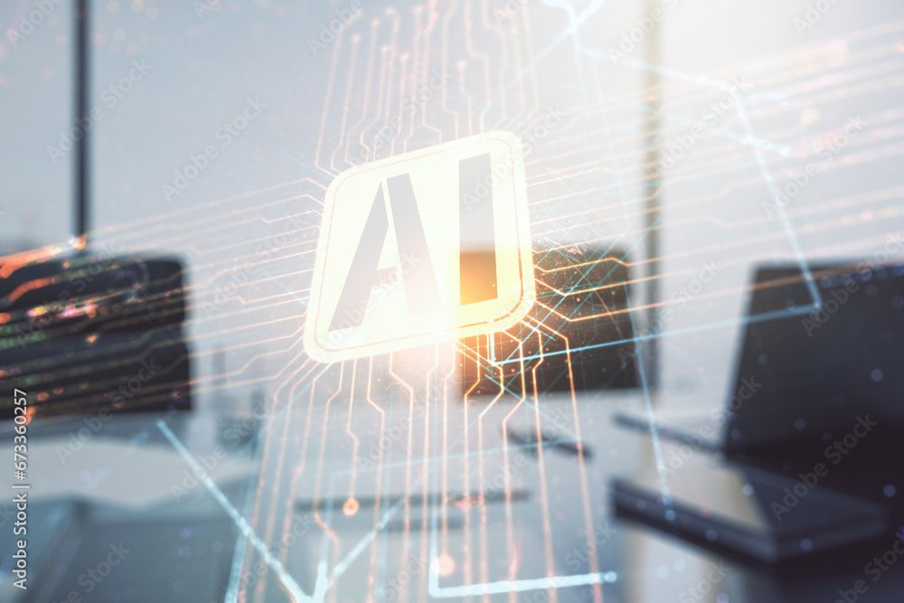 Poster double exposure of creative artificial intelligence icon and modern desktop with laptop on backgroun