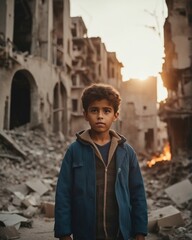 Fototapeta na wymiar portrait of innocent middle eastern child in front of bombed and flaming buildings 