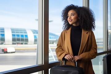 Young beautiful black woman waits for the boarding announcement for her flight while watching planes land and take off through a large panoramic window in the airport terminal. - obrazy, fototapety, plakaty