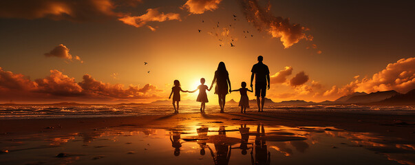 family looking for the cross on autumn sunrise background ,concept  : worship  and hope ,mother father and child daughter on nature,
,Silhouette of the family holding hands enjoying 