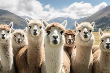 Stof per meter llama or lama, group of lamas on mountains. © inthasone