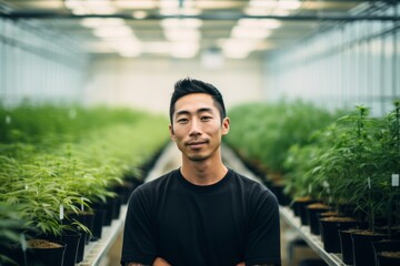 Portrait of Asian male cannabis grower standing proudly showing his work in an indoor cannabis farm