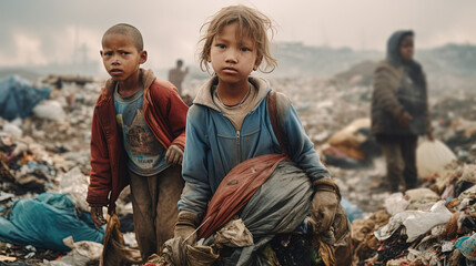 Two children of oriental appearance, are standing at a large landfill and helping to collect garbage. Environmental pollution problem, prevention of garbage problem. Threat To the Environment.