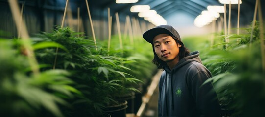 Portrait of Asian male cannabis grower standing proudly showing his work in an indoor cannabis farm - obrazy, fototapety, plakaty