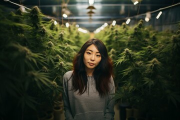 Portrait of Asian female cannabis grower standing proudly showing her work in an indoor cannabis farm - obrazy, fototapety, plakaty