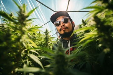Portrait of Asian male cannabis grower standing proudly showing his work in an indoor cannabis farm - obrazy, fototapety, plakaty