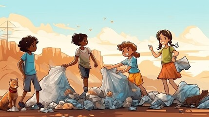 A group of children at a large landfill and help to collect garbage. Environmental pollution problem, prevention of garbage problem. Threat To the Environment.