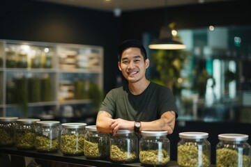 portrait of happy male Asian cannabis dispensary manager, sitting at the counter - obrazy, fototapety, plakaty