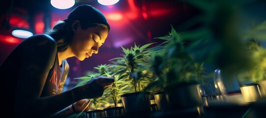 Asian female cannabis grower trimming cannabis plants in an indoor cannabis farm.