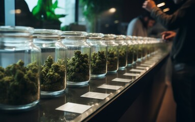 Cannabis buds stored in glass jars, neatly arranged on a shelf. diverse range of cannabis strains and their organized storage.
