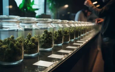 Foto op Aluminium Cannabis buds stored in glass jars, neatly arranged on a shelf. diverse range of cannabis strains and their organized storage. © COC STUDIO