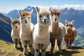 Poster llama or lama, group of lamas on mountains. © inthasone