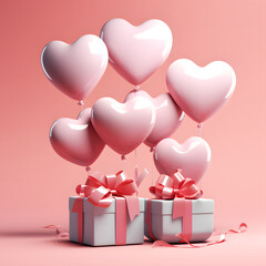3D Heart Shaped Balloons and Gift Boxes Flying on Pink Background, Valentine's Day Concept