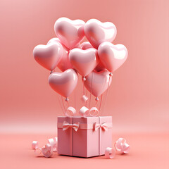 3D Heart Shaped Balloons and Gift Boxes Flying on Pink Background, Valentine's Day Concept