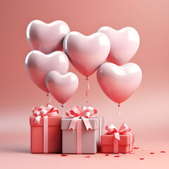 3D Heart Shaped Balloons and Gift Boxes Flying on Pink Background, Valentine's Day Concept