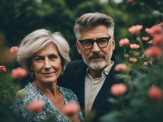portrait of lovely mature couple at backgarden between flowers