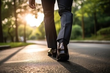 Legs of a businessman in fashionable shoes walking outdoors. Business concept. Close-up view to the businessman in a black new shoes walks on the street. Stylish men wears. Low angle. Rear view - obrazy, fototapety, plakaty