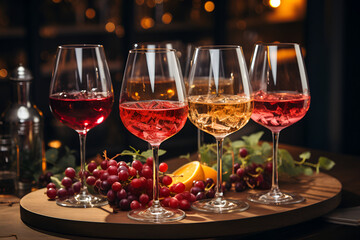 Four glasses of wine on a tasting table with grapes lined up on a wooden table in a restaurant close-up with a defocused bottle in the background.