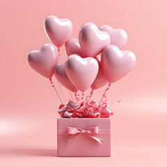 3D Heart Shaped Balloons and Gift Boxes Flying on Pink Background, Valentine's Day Concept