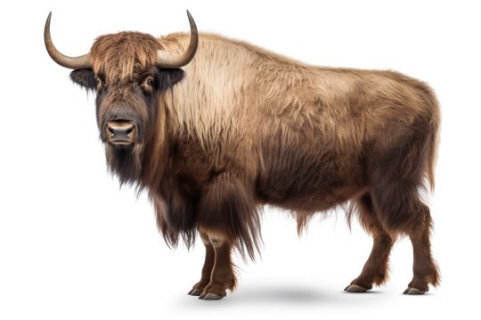 brown yak, Bos mutus isolated on white background, and clipping path.