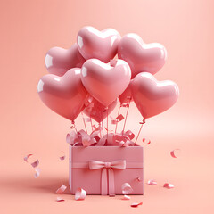 3D Heart Shaped Balloons and Gift Boxes Flying on Pink Background, Valentine's Day Concept