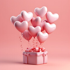 3D Heart Shaped Balloons and Gift Boxes Flying on Pink Background, Valentine's Day Concept