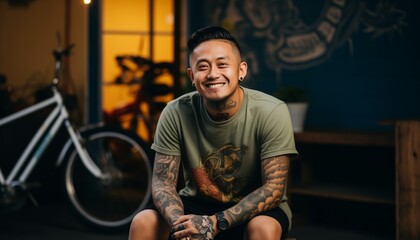 male tattoo artist sitting smiling in front of his tattoo studio