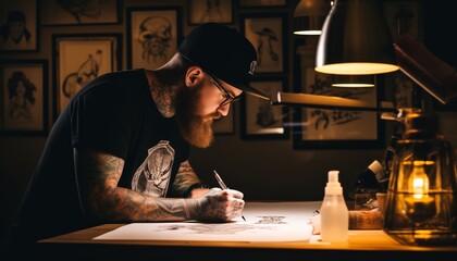 Male tattoo artist sketching tattoo designs, working in a tattoo studio, crafting unique and personalized designs for clients - obrazy, fototapety, plakaty
