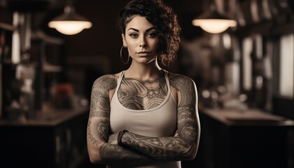 Female tattoo artist standing confidently in her tattoo studio - obrazy, fototapety, plakaty