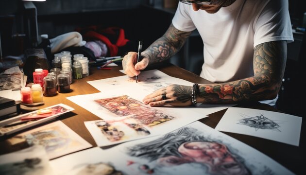 Male tattoo artist sketching tattoo designs, working in a tattoo studio, crafting unique and personalized designs for clients