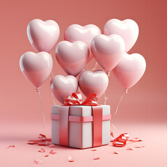 3D Heart Shaped Balloons and Gift Boxes Flying on Pink Background, Valentine's Day Concept