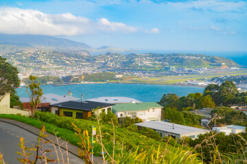 Wellington city in NZ near the airport, with the blue ocean and strong winds - obrazy, fototapety, plakaty