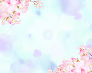 美しい薄いピンク色の桜の花と花びら春の水彩白バックフレーム背景素材イラスト