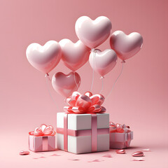 3D Heart Shaped Balloons and Gift Boxes Flying on Pink Background, Valentine's Day Concept