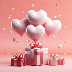 3D Heart Shaped Balloons and Gift Boxes Flying on Pink Background, Valentine's Day Concept