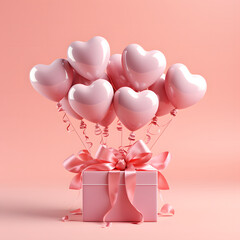 3D Heart Shaped Balloons and Gift Boxes Flying on Pink Background, Valentine's Day Concept