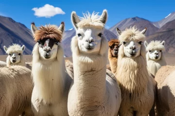 Foto auf Acrylglas llama or lama, group of lamas on mountains. © inthasone