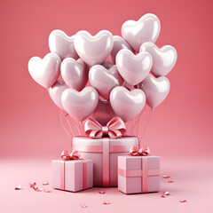 3D Heart Shaped Balloons and Gift Boxes Flying on Pink Background, Valentine's Day Concept