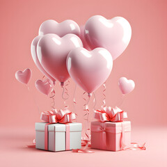 3D Heart Shaped Balloons and Gift Boxes Flying on Pink Background, Valentine's Day Concept