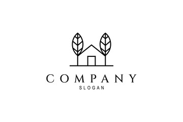 Green house logo design with leaf tree in line art style