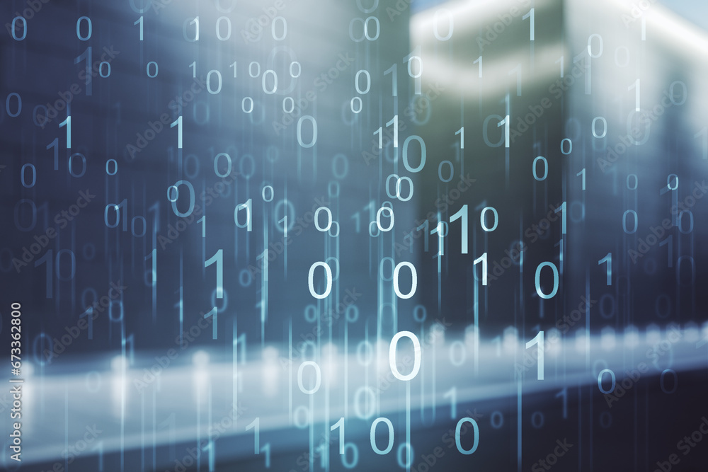 Aufkleber abstract virtual binary code illustration on blurry modern office building background. big data and 