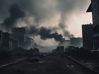 silhouette of bombed buildings in the city center and large clouds of smoke and fire in the background
 - obrazy, fototapety, plakaty
