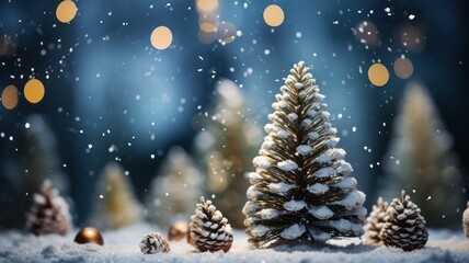 Fototapeta na wymiar Festive winter celebration with snow-covered evergreen Christmas tree.