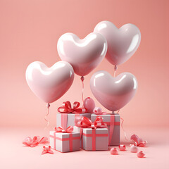 3D Heart Shaped Balloons and Gift Boxes Flying on Pink Background, Valentine's Day Concept
