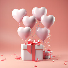 3D Heart Shaped Balloons and Gift Boxes Flying on Pink Background, Valentine's Day Concept
