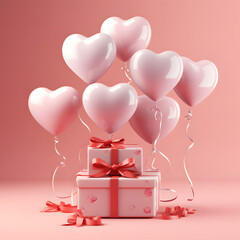 3D Heart Shaped Balloons and Gift Boxes Flying on Pink Background, Valentine's Day Concept