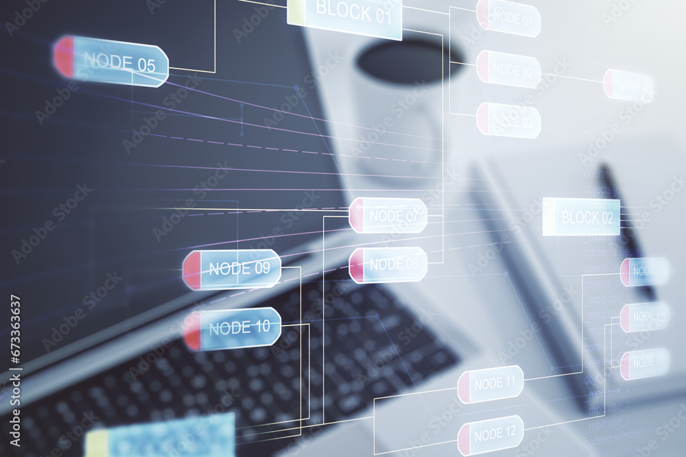 Poster multi exposure of abstract software development hologram on laptop background, research and analytic