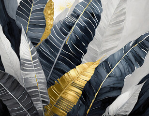 tropical simple, abstract, textured, shaded, blue, grey, black and white banana leaves with touches of gold, oil painting