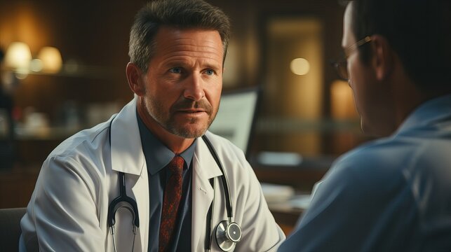 Over The Shoulder Shot Of Doctor Listening To New Patient. Older Caucasian Male Primary Care Provider Talking To Woman About Her Health Care